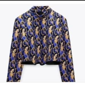 Zara Top Printed Long Sleeve High Neck Crop Top Asymmetrical Hem Size Medium